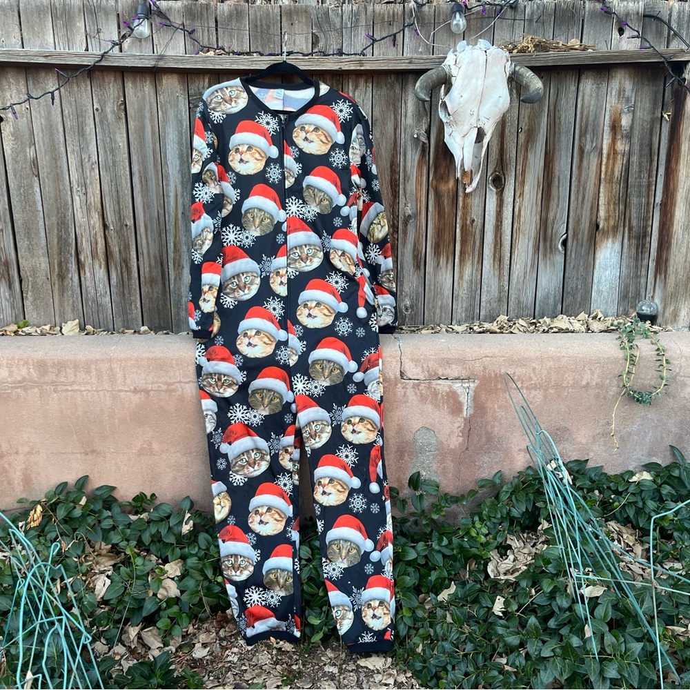 Festive Santa Cat Print Adult Pajamas Onesie Unisex